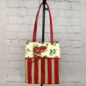 Longaberger Christmas Tote Bag Striped Canvas ~ Holly Poinsettia with Handles